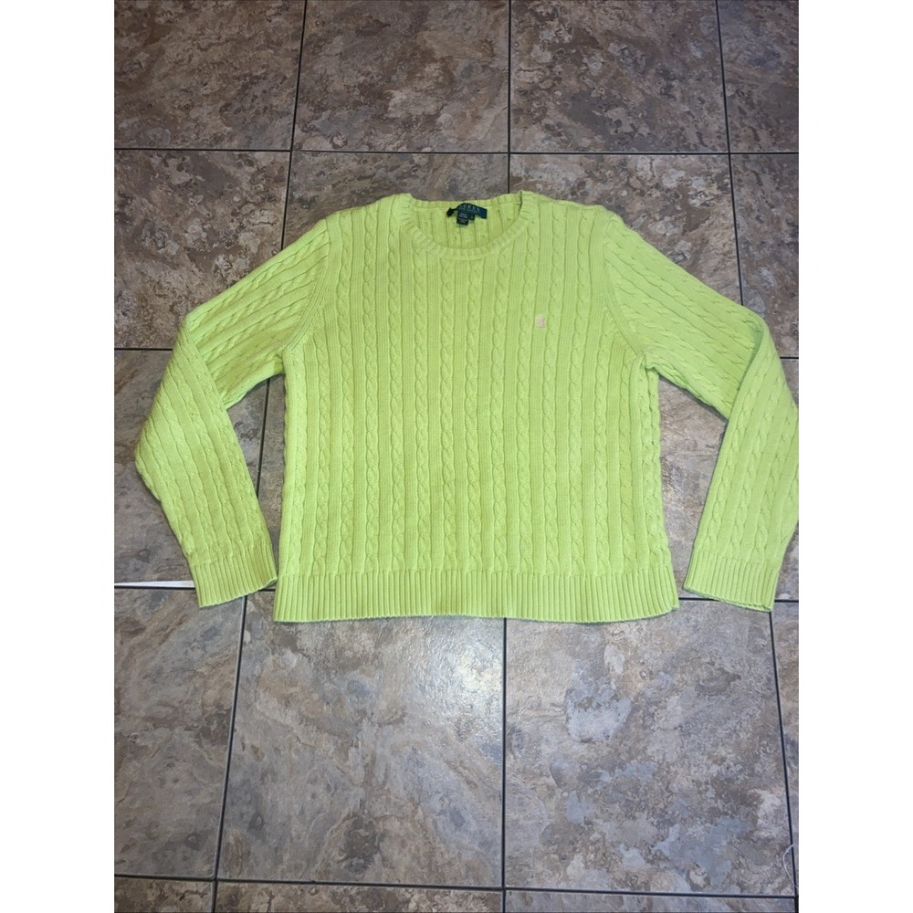 Ralph Lauren Cable Knit Sweater Women Heavyweight Lime green Preppy Winter Large